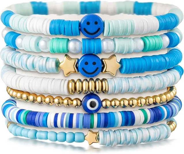 LieToi Preppy Heishi Bracelets Set Colorful White Gold Smile Heart Star Evil Eye Beaded Polymer Clay Pearl Stackable Charm Y2K Kidcore Summer Beach Bohemian Layering Bracelets Jewelry for Women Girls Teens
