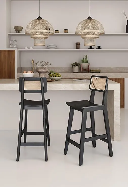 Manhattan Comfort Versailles 26 Inch Solid Ash Wood Counter Height Bar Stools with Rattan Back, Modern Chic Cane Design Perfect for Bars or Kitchen Islands, Fully Assembled, Set of 3, Black/Natural