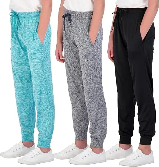 Real Essentials 3 Pack: Girls' Dry-Fit Jogger Sweatpants Soft Active Athletic Kids Joggers with Pockets & Drawstring
