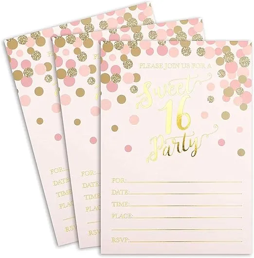 Sparkle and Bash 36-Pack Sweet 16 Birthday Party Invitations With Envelopes for RSVP Party (Pink & Gold, 7 x 5 In)