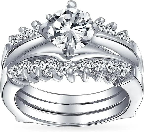 Bridal Traditional Cubic Zirconia 2-3 CTW Round Brilliant Cut Solitaire Marquise AAA CZ Band Inset Guard Enhancers Engagement Ring vWedding Ring Set For Women .925 Sterling Silver