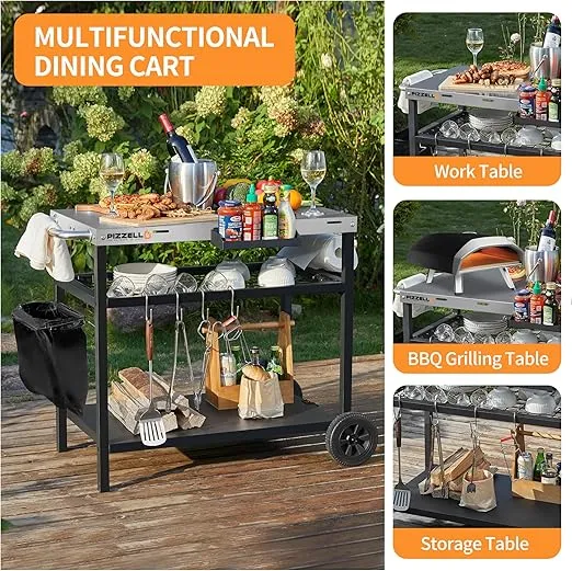 Outdoor Grill Cart Three-Shelf Pizza Oven Stand Table with Wheels Dining Cart Table for Outside Patio, Movable Kitchen Cooking Prep Table BBQ Cart with 34"x 21" Stainless Steel Tabletop