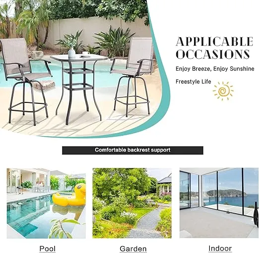 Vongrasig 5 Piece Patio Swivel Bar Set, All Weather Mental Textilene High Swivel Bar Stools Chair Set of 4 and High Glass Bar Table, Outdoor High Top Bistro Set for Lawn Garden, Balcony, Taupe