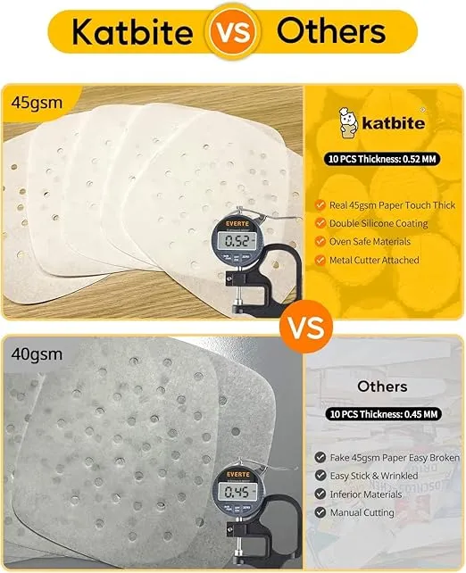 Katbite 200Pcs 7.5 inch Air Fryer Parchment Paper, Heavy Duty Non-stick Square Air Fryer Liners, Perforated Parchment Paper for Air Fryer, Oven, Steamer, Pans, Extra Strong, No Burn, Easy Cleanup