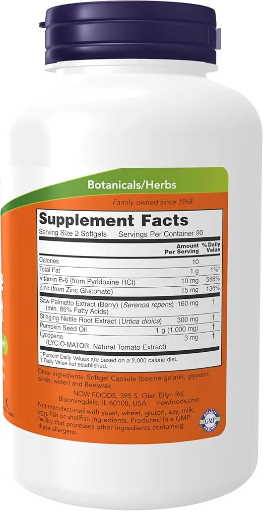 NOW Foods Supplements, Prostate Support, Prostate Support, with Standardized Saw Palmetto, Stinging Nettle & Lycopene, 180 Softgels
