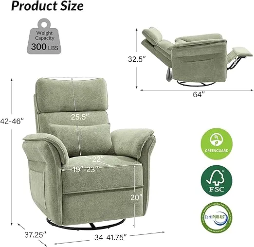 HULALA HOME Nursery Glider Recliner with Adjustable Headrest and Armrests, Power Swivel Rocker Recliner Chair with USB Port and Storage Bags, GREENGARD, FSC, CertiPUR-US® Certified, Mossy