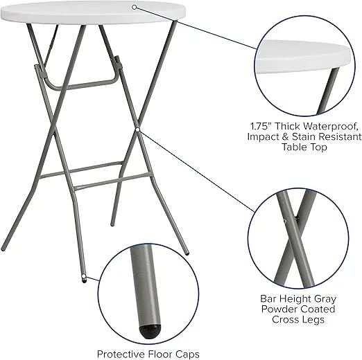 EMMA + OLIVER 2.6-Foot Round Granite White Plastic Bar Height Folding Event Table