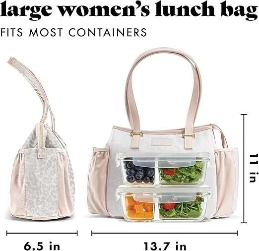 Fit & Fresh Lunch Bag For Women, Insulated Womens Lunch Bag For Work, Stain-Resistant, Lightweight, Large Lunch Box For Women With Lunch Container, Zipper, Copley Lunch Kit, Ivory Feline Fine