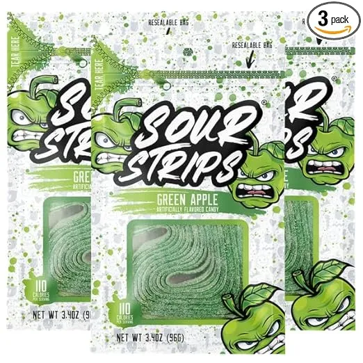 Sour Strips Flavored Sour Candy Strips, Deliciously Sour Chewy Candy Belts, Vegetarian Candies, 3 Pack (Green Apple (3-Pack))