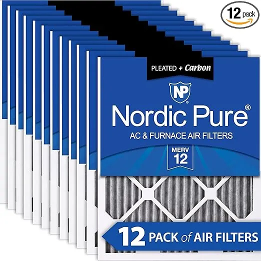 Nordic Pure 16x25x1 (15 1/2 x 24 1/2 x 3/4) Furnace Air Filters MERV 12 Pleated Plus Carbon 12 Pack