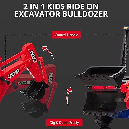 4 in 1 Ride on Excavator, 12V Licensed JCB Excavator Ride on Toy with Remote Control, Front Loader, Horn and EVA Tires, 4 Transformable Forms Kids Excavator Digger, Red