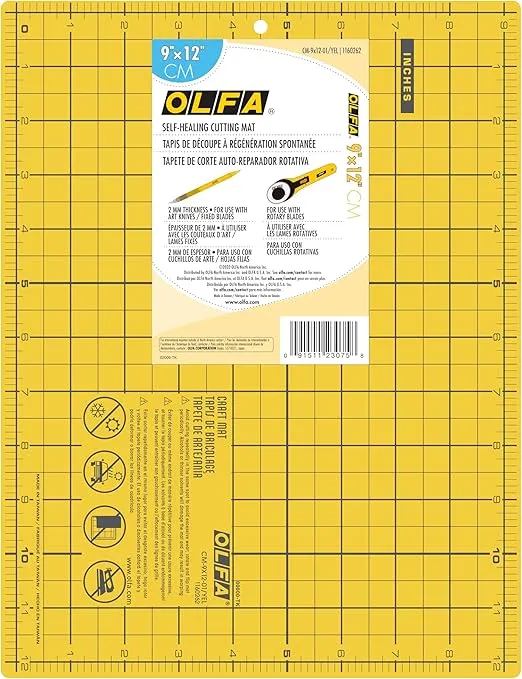 OLFA 9" x 12" Self Healing Double Sided Cutting Mat (CM-9X12-01/YEL) - Double Sided 9x12 Inch Cutting Mat with Grid (Yellow)