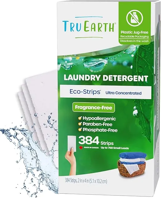 Tru Earth Compact Dry Laundry Detergent Sheets (Made in Canada), Unscented - Up to 768 Loads (384 Sheets) - Paraben-Free - Original Eco-Strip Liquidless Laundry Detergent, Travel Laundry Sheets, Bulk