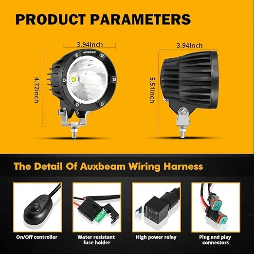 Auxbeam 4 Inch 72W Round Offroad Lights 2PCS 7200LM LED Pod Lights Spot LED Driving Fog Work Lights with Wiring Harness Fit for Jeep Vehicle Truck SVU Motorcycle UTV (White Beam)