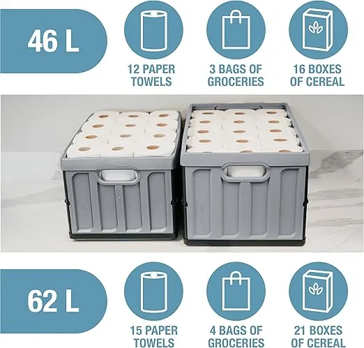 CleverMade Collapsible Storage Bin (With Lid), Stone, 3PK - 62L (16 Gal) Folding Plastic Stackable Utility Crates, Holds 100lbs Per Bin - Solid Wall CleverCrates for Organizing, Storage, Moving