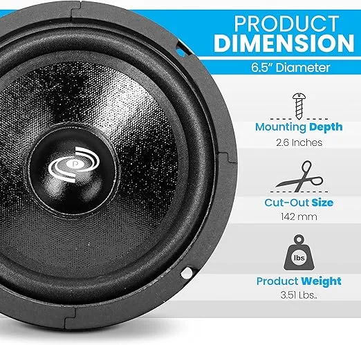 Pyle 6.5" Car Audio Speaker Midrange - 300 Watt High Power Sealed Back Mid Range Speakers System w/ Paper Coating Cone, 200-5 kHz, 93 dB, 8Ohm, 30 oz Magnet, 1 inch KAPTON Voice Coil - PDMR6