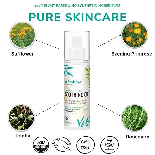 Mambino Organics Soothing Baby Oil – Organic, Unscented Oil with Jojoba & Evening Primrose – Gentle for Hair & Dry, Irritated, Itchy Skin – Cruelty-Free Baby Oils for Baby & Kids, 2-Pack 5 fl oz