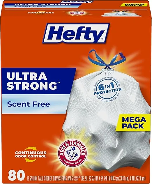 Hefty Ultra Strong Tall Kitchen Trash Bags, Unscented, 13 Gallon, (80 Count)