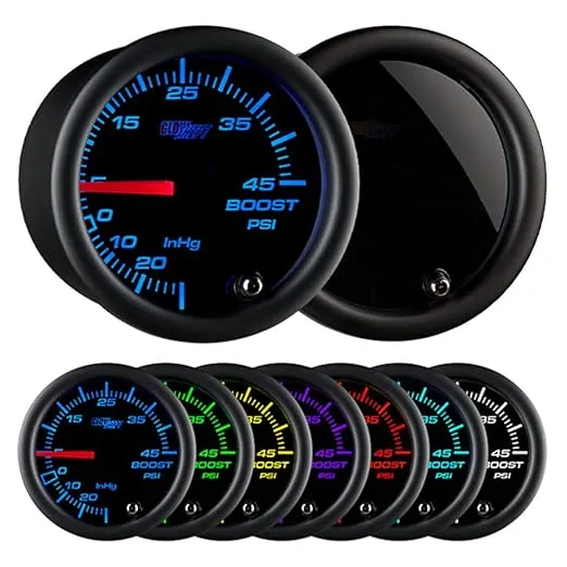 GlowShift Tinted 7 Color 45 PSI Turbo Boost/Vacuum Gauge Kit - Includes Mechanical Hose & T-Fitting - Black Dial - Smoked Lens - for Cars - 2-1/16" 52mm