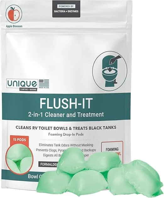 Unique Flush-It 2-in-1 RV Black Tank Treatment and Toilet Bowl Cleaner Drop In Pods, Full Black Tank Treatment, Cleans RV Toilets, Liquifies Waste, Prevents Clogs, 15 Foaming Enzyme Pods