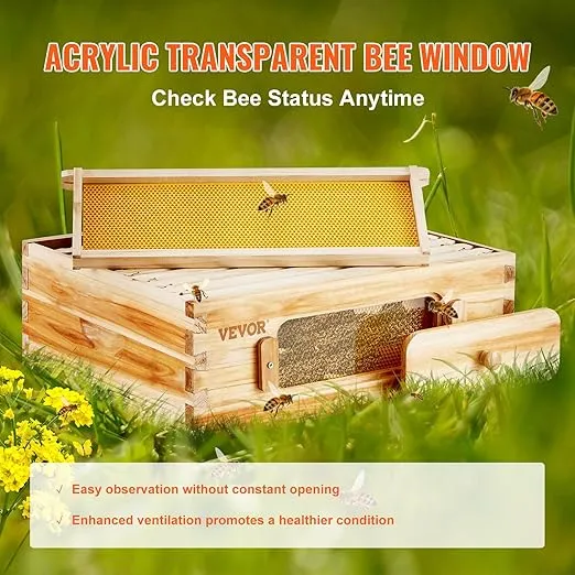 VEVOR 10 Frame Medium Super Bee Hive Box, Bee Box Dipped in 100% Beeswax, Langstroth Beehive Kit with 10 Frames and Foundations and Transparent Acrylic Windows for Beekeeping Supplement