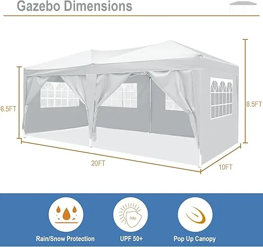 10x20 Pop Up Canopy Outdoor Tent Party Tent with 6 Sidewalls, Wedding Party Tent Outdoor Canopy Waterproof UV50 Canopy Tent Event Shelter for Parties, 6 pcs Weight Bag,Carry Bag, White