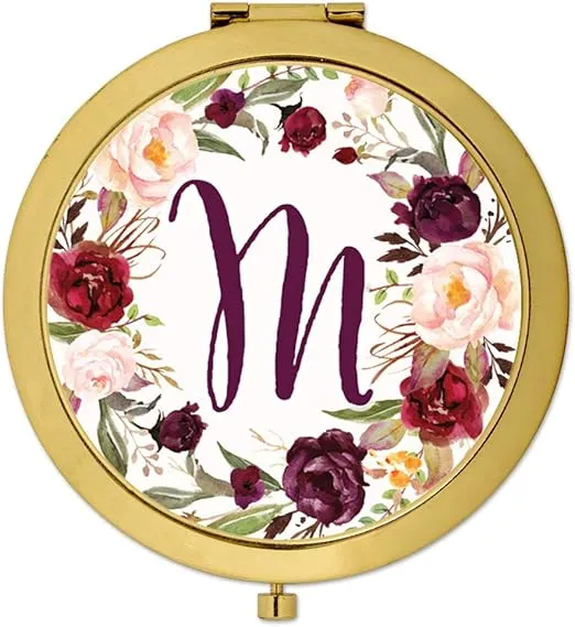Andaz Press Gold Compact Mirror Bridesmaid's Wedding Gift, Marsala Burgundy Maroon Flowers on White, Monogram Letter M, 1-Pack, Bachelorette Bridal Shower Wedding Party Gifts
