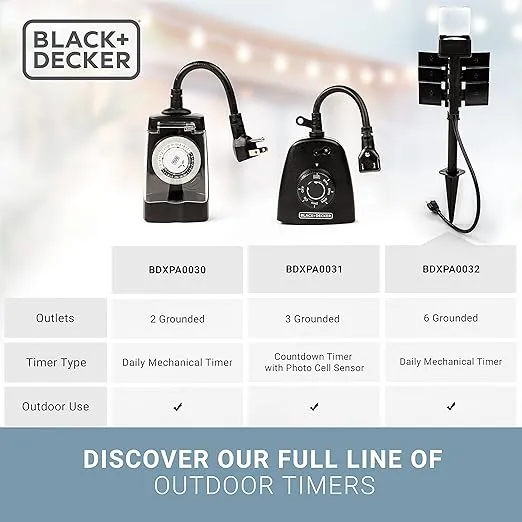 BLACK+DECKER Garden Timer Stake with 6 Grounded Outlets - Waterproof Outlet Timer with 30-Minute Intervals for Lights, Tools - Outdoor Power Stake with Overload Protection - Premium Light Timers