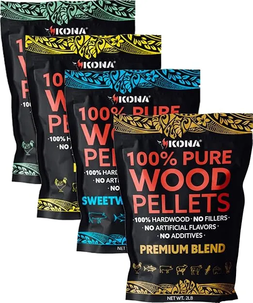 Kona All-Purpose Wood Pellets Variety Pack, Intended for Ninja Woodfire Outdoor Grill, Hickory, Oak, Premium Blend & Sweetwood Blend, 4, 2 lb Resealable Bags