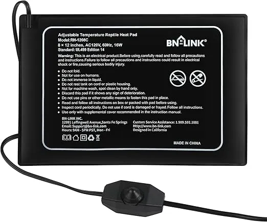 BN-LINK Reptile Heating Pad 8" X 12" with Adjust Knob, Adjustable Temperature Electric Indoor Under Tank Terrarium Heating Mat Waterproof for Turtles, Lizards, Frogs, and Other Reptiles