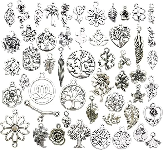 Youdiyla 100pcs Mix Silver Tree Flower Charms Collection, Bulk Mini Small Little Charms Metal Pendant Craft Supplies Findings for Necklace and Bracelet Jewelry Making (HM291)