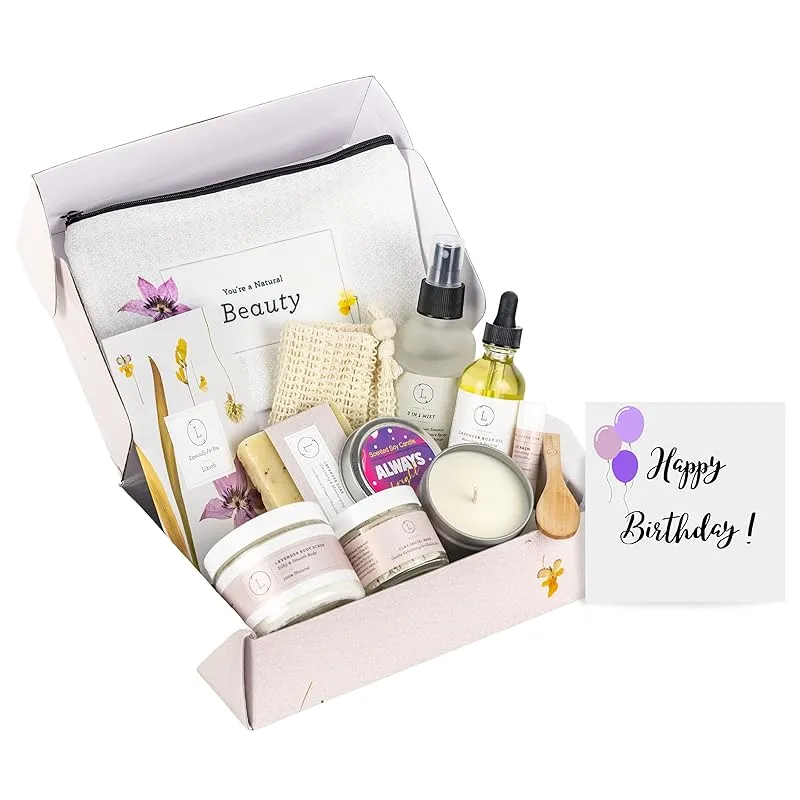Lizush Luxury Spa Gift Basket And Self Care Gifts For Women With Lavender Soap Bar, Cosmetic Bag, Scrub, Body Oil, Shower Steamer Mist, Lip Balm, Facial Mask - Happy Birthday - 9 Piece Set