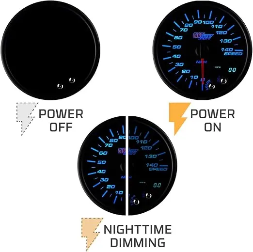 GlowShift Tinted 7 Color 140 MPH Speedometer Gauge - Mounts in Custom Dashboard - Resettable Trip Meter - Black Dial - Smoked Lens - 3-3/4" 95mm