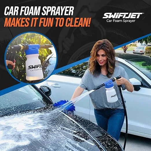SwiftJet Car Wash Foam Gun + Microfiber Wash Mitt - Car Foam Sprayer - Car Wash Kit - Foam Cannon Garden Hose Sprayer - - Car Accessories for Men - Snow Foam Blaster (Blue Foam Gun with Mitt)