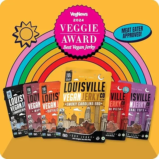 Louisville Vegan Jerky - Sweet & Smoky Carolina Mustard BBQ Vegan Meat - Lip-Smacking Vegan-Friendly & Vegetarian Jerky - Non-GMO Soy Protein, Gluten-Free High Protein Vegan Snacks (3oz)