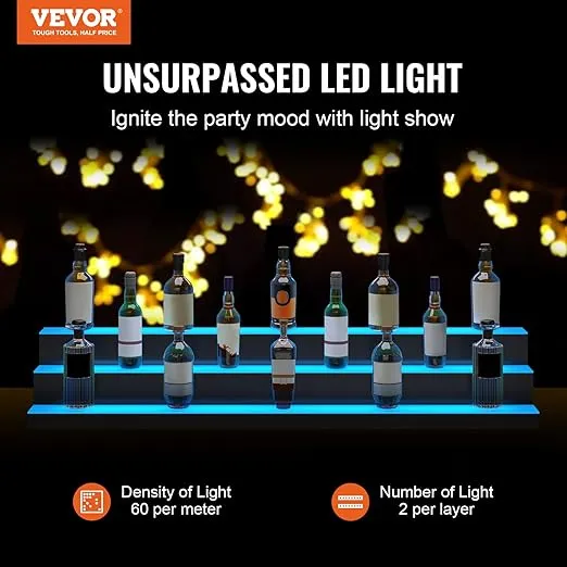 VEVOR LED Lighted Liquor Bottle Display Shelf, 3 Tiers 60 Inches, Supports USB, Illuminated Home Bar Shelf with RF Remote & App Control 7 Static Colors 1-4 H Timing, Acrylic Lighting Shelf