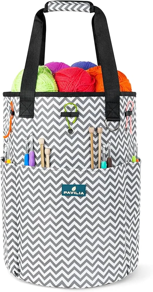 PAVILIA Crochet Bag Knitting Bag Organizer, Yarn Bag Storage Tote for Crocheting On The Go, Knitting Accessories Supplies Holder with Grommets, Gift for Crochet Lovers Knitters (Chevron Gray)