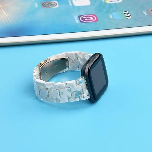 AWSMOR Compatible with Fitbit Versa 2 /Versa/Versa Lite Band Women men Resin Wristbands Strap with Metal Stainless Steel Buckle Replacement for Fitbit Versa 2 Smartwatch（Flowery White Transparent）