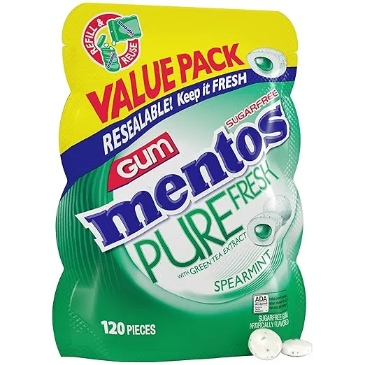 Mentos Pure Fresh Holiday Sugar-Free Chewing Gum with Xylitol, Spearmint, Holiday Christmas Stocking Stuffers for Adults & Kids, 120 Piece Bulk Resealable Bag (Pack of 1)