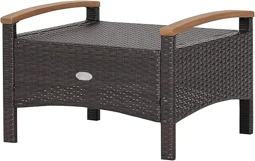 Tangkula 2 Piece Patio Rattan Ottomans, Outdoor Wicker Footstool w/Acacia Wood Handles, Soft Zippered Cushions, 3-in-1 Function Footstool Seat & Side Table for Backyard, Balcony, Poolside (Off White)