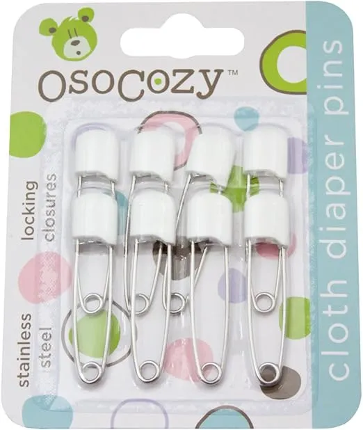 OsoCozy Diaper Pins - {White} - Sturdy, Stainless Steel Diaper Pins with Safe Locking Closures - Use for Special Events, Crafts or Colorful Laundry Pins , 8 Count (Pack of 1)