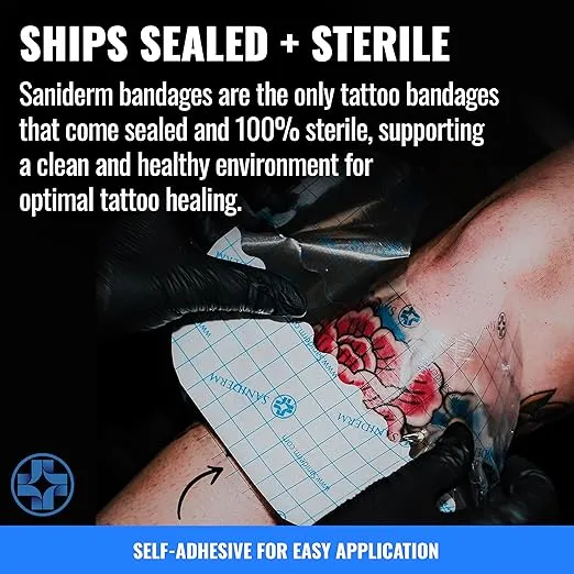 Saniderm Tattoo Aftercare Bandage 10 Sheets (Small Pack, 4 in x 4 in) – Convenient, Faster Tattoo Healing and Protection – Sterile, Waterproof, and Latex-Free