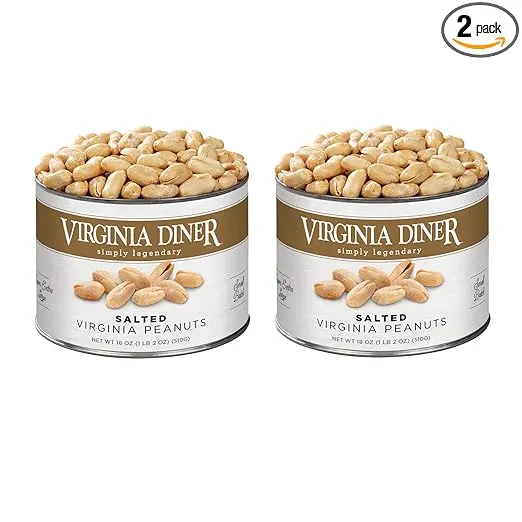 Virginia Diner - (2 pack) Salted Extra Large Virginia Peanuts 18oz Can Gourmet Natural Treat for Snacks or Gifts