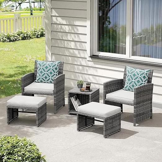 OC Orange-Casual 5 Piece Patio Furniture Set, Wicker Outdoor Conversation Chair and Ottoman Set with Coffee Table, Pillows Included, for Balcony, Porch, Deck, White