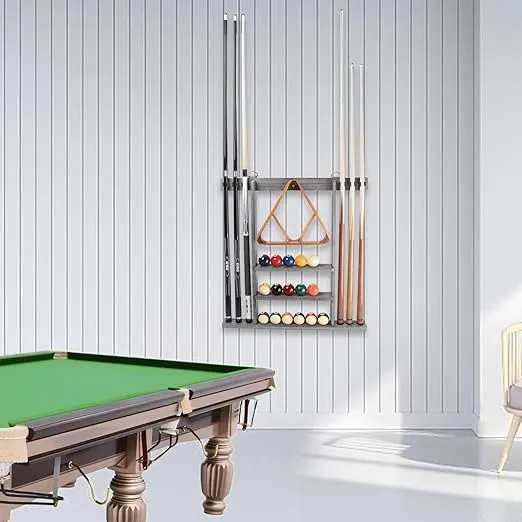 GSE Games & Sports Expert Billiard Pool Cue Stick Hanging Wall Mounting Rack Only, Holds 6 Pool Cue Sticks, Billiard Ball Racks and Full Set of Pool Balls (Brushed Grey)