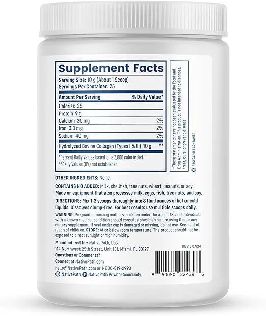 NativePath Collagen Peptides Protein - Hydrolyzed Type 1 & 3 Collagen Powder for Skin, Hair, Nails - 8.8 oz (25 Servings)