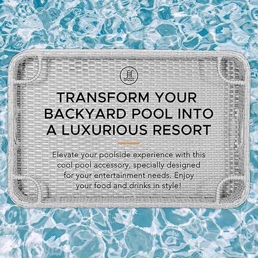 Sunjoy Wicker Floating Tray 36x24 in. Aluminum Frame Pool Tray - Swimming Floating Serving Tray for Drinks, Snacks, and Essentials - Fits Most Pool Sizes - Perfect for Pool Parties and Relaxing, Grey