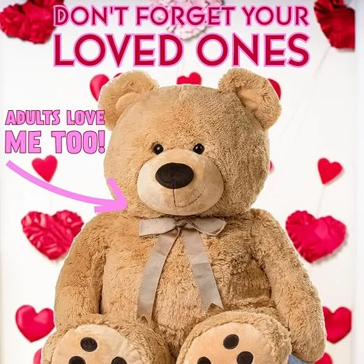 JOON Huge Teddy Bear - 38 Inches, Tan, Fluffy Faux Fur, Ribbon & Bow Signature Footprints- Huggable & Lovable Joy - Ideal Gift for Baby Showers, Loved Ones – Perfect Large Cuddly Plush Toy Companion