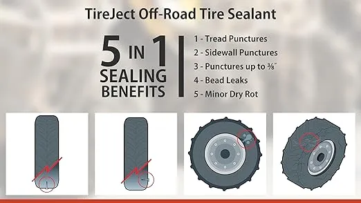 TireJect Lawn Mower Off-Road Tire Sealant - Flat Tire Protection Kit with Sealant Injector - 5-in-1 Tire Repair & Prevent Flat Tires caused by bead leaks, punctures, minor dry rot - Extend Tire Life