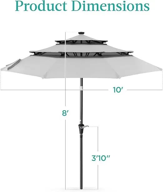 Best Choice Products 10ft 3-Tier Solar Patio Umbrella, Outdoor Market Sun Shade for Backyard, Deck, Poolside w/ 24 LED Lights, Tilt Adjustment, Easy Crank, 8 Ribs - Fog Gray